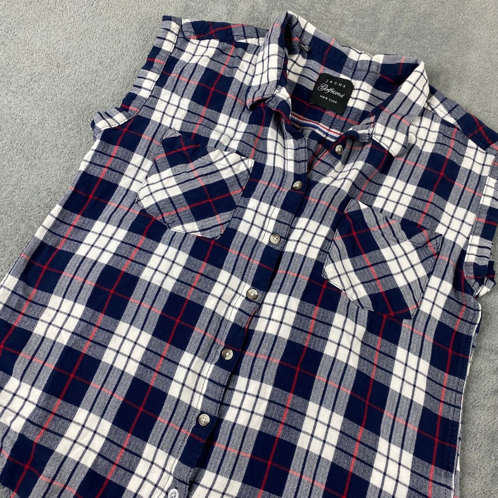 Jachs Girlfriend Womens M Sleeveless Flannel Plaid Shirt Navy White Red Rayon